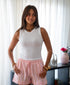 Women Summer Pajama set Off White Top + Pink X Orange Stripes Shorts